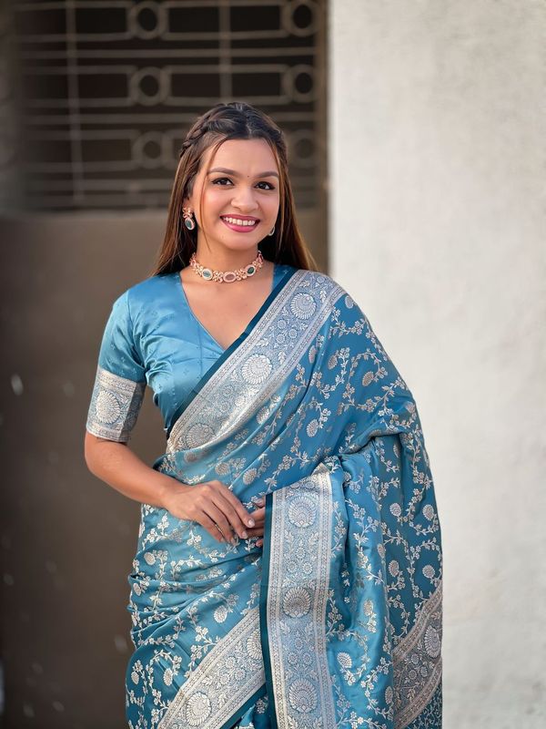 Blue Color Banarasi Silk Wevon Jari Designer Rich Looks Partywear Saree