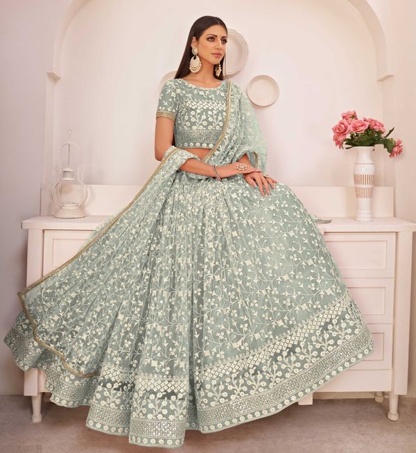 Green Embroidered Net Stitched Lehenga