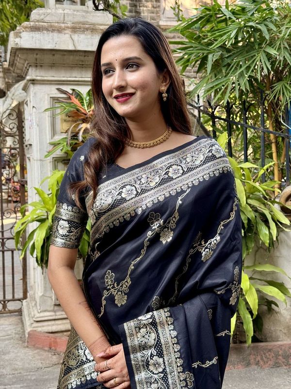 Black Wevon Jacquard Jari Designer Banarasi Silk Saree