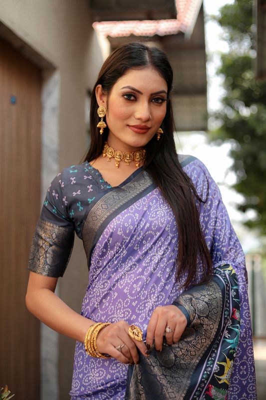 Purple Color Dola Silk Wevon Border Designer Saree With Digital Kalamkari And Bandhej Print