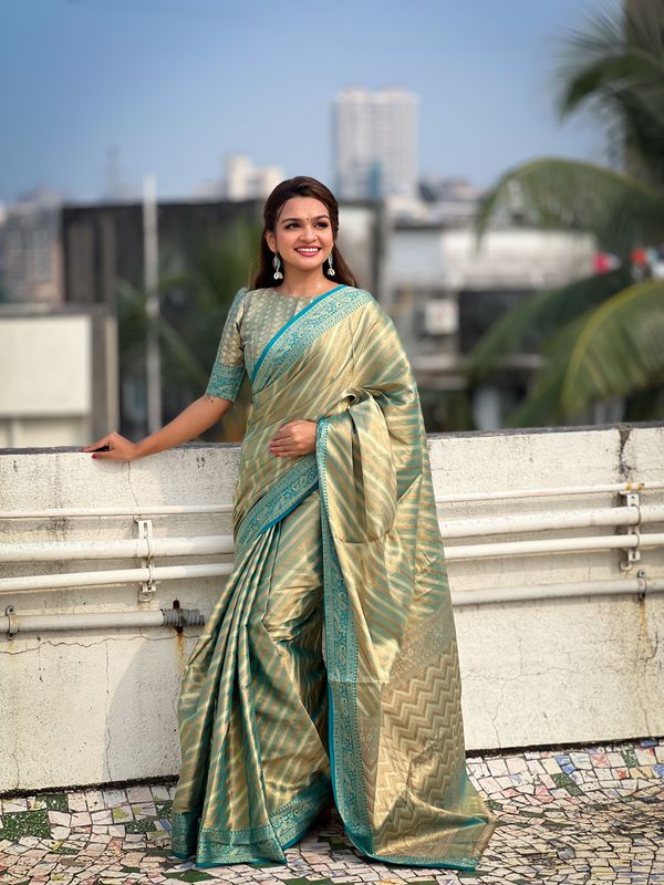 Blue Wevon Laheriya Designer Jari Tissue Saree