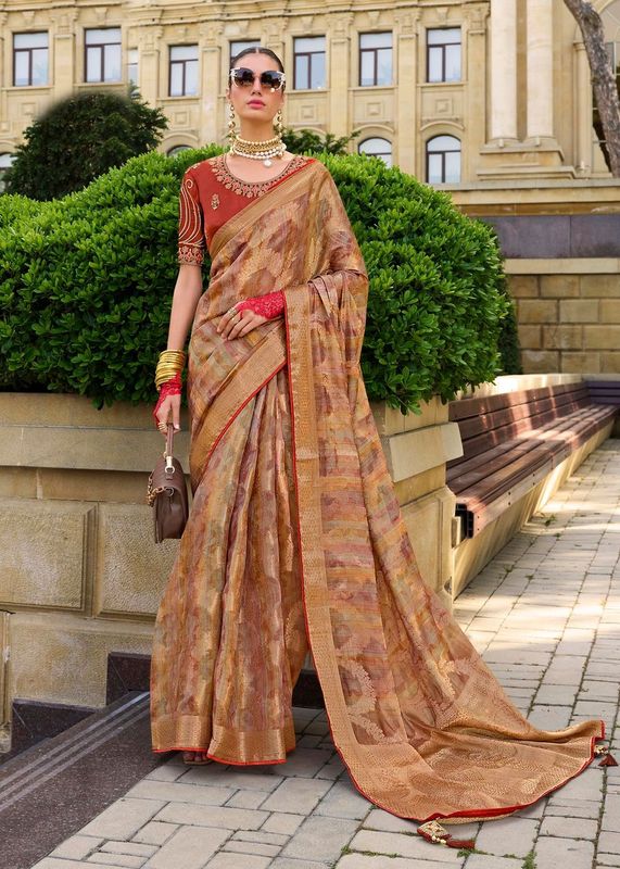 Rust Orange Wevon Designer & Embroidery Work Jacquard Silk Saree