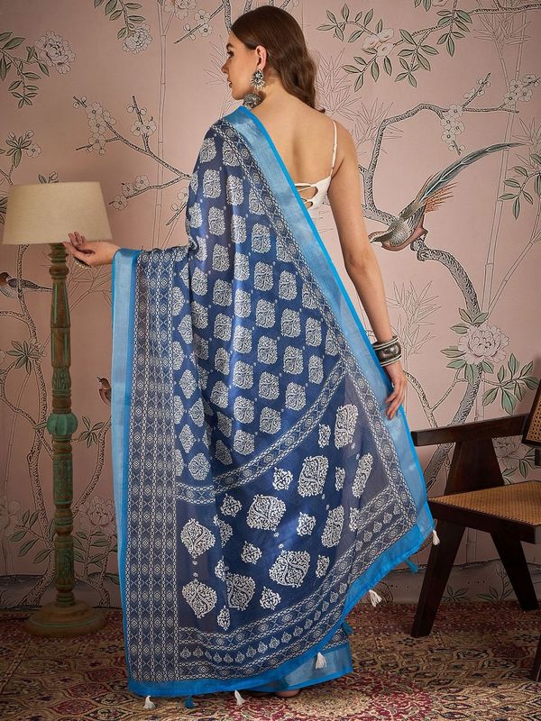 Blue Color Digital Printed Designer Linen Fabric Graceful Saree