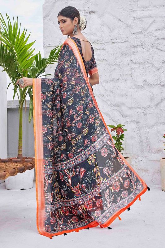 Black Color Linen Blend Digital Printed Designer For Graceful Festive Looks