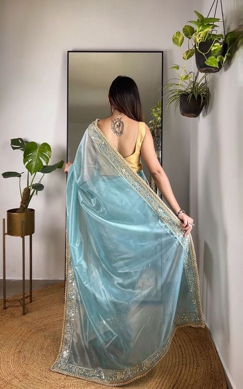Blue Sequance & Jari Embroidery Work Silver Tissue Silk Saree