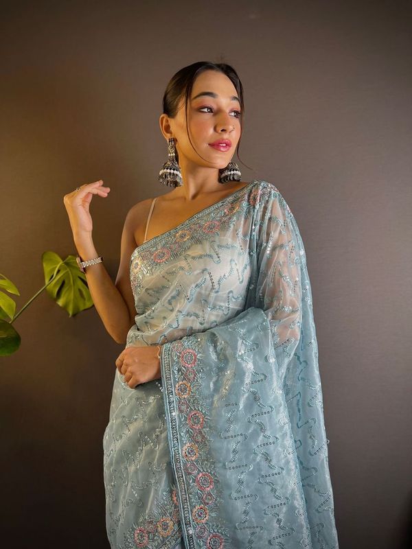 Grey Thread & Sequance Embroidery Work Twill Net Saree