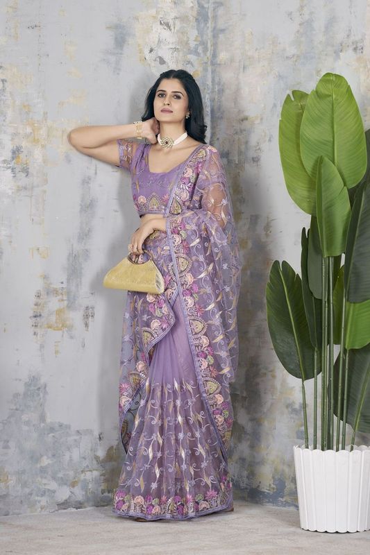 Purple Foil Thread & Aari Dori Embroidery Work Butterfly Net Saree
