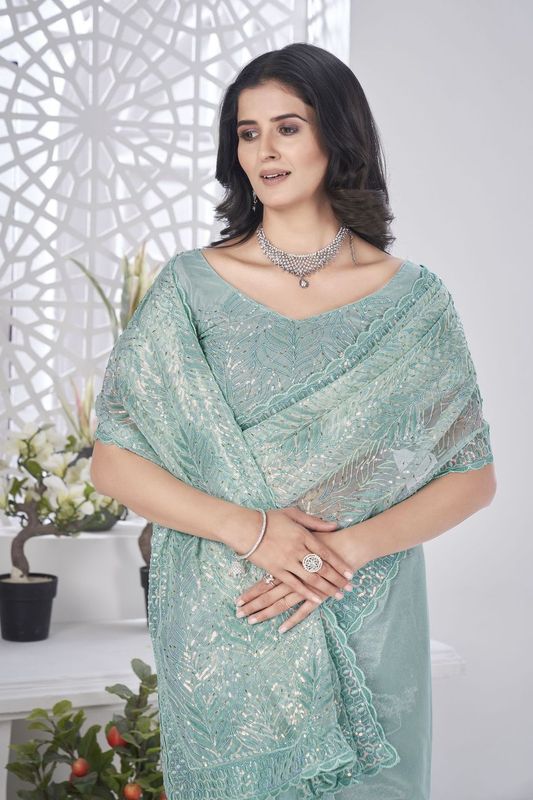 Sea Green Multy Thread & Sequance Embroidery Cut Work Tissue Net Saree