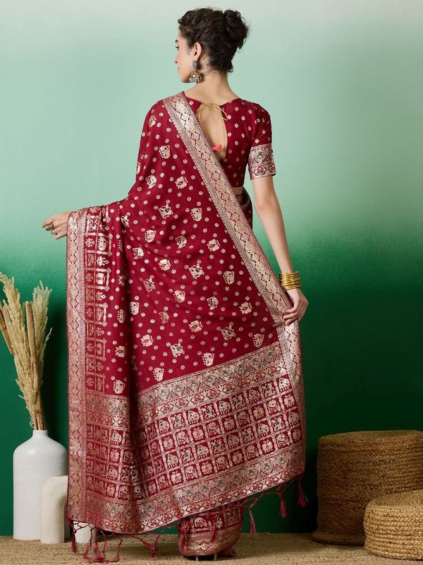 Maroon Wevon Jacquard Designer Staple Dola Cotton Saree