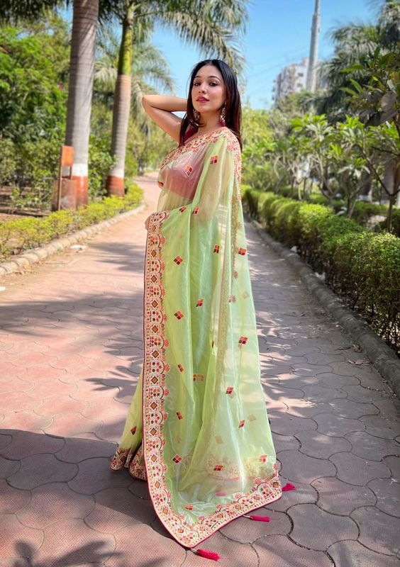 Green Multy Thread & Jari Embroidery Work Silver Tissue Silk Saree