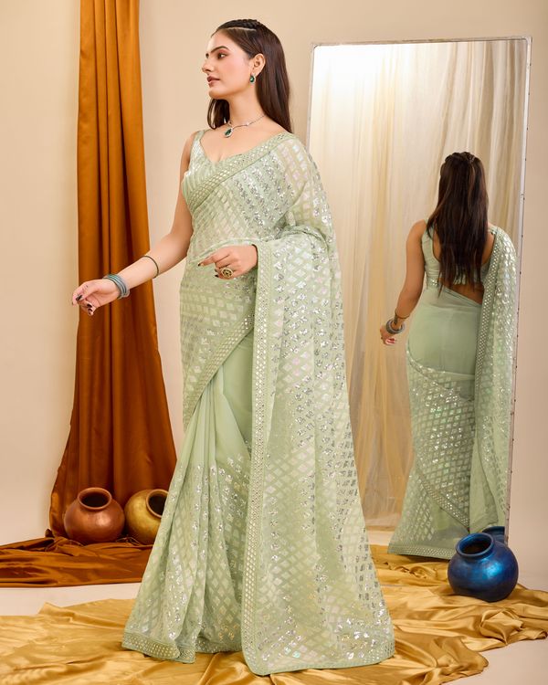 Pista Designer Sequance Embroidery Work Georgette Saree