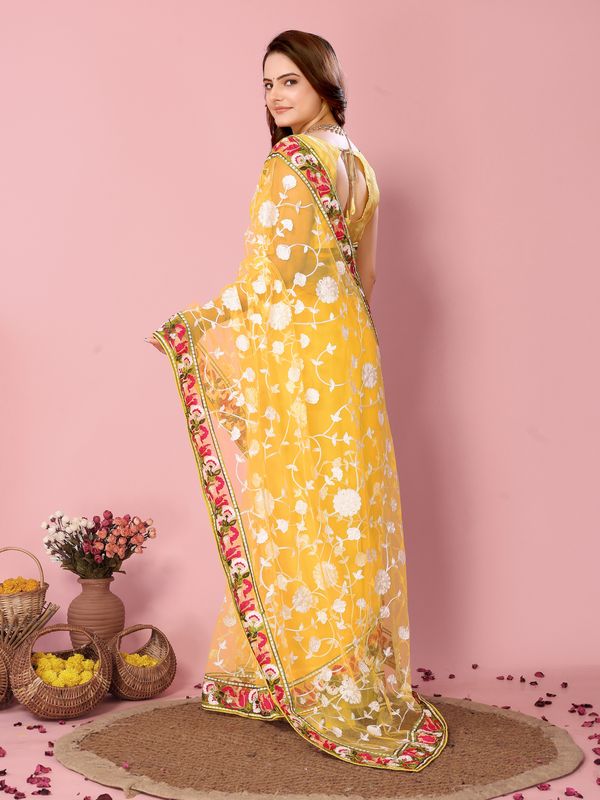 Yellow Multy Thread Embroidery Work Soft Net Saree