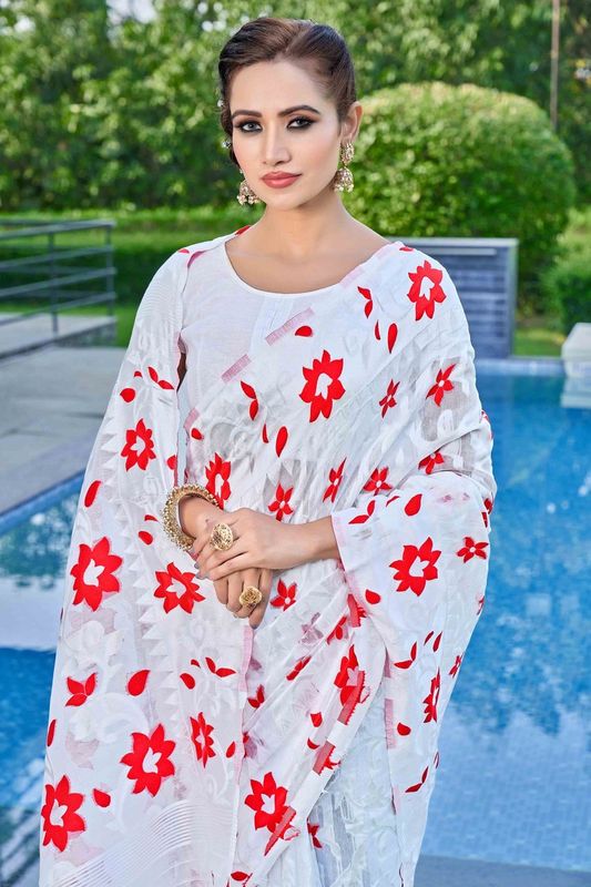 White Color Silk Cotton Wevon Thread Designer Ethnic Casual Looks Saree