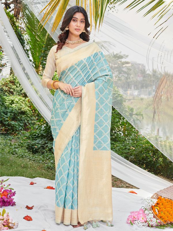 Sky Blue Wevon & Designer Printed Cotton Saree