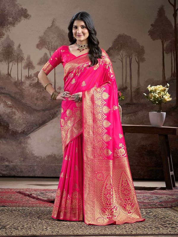 Pink Wevon Rich Pallu Designer Lichi Silk Saree