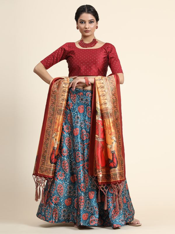 Digital Print Satin Silk Fabric Stitched Lehenga Choli With Jequared Blouse and Assami Silk Thread Work Dupatta For Women and Girls In Festive Party And Traditional Wear