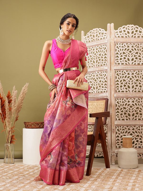 Pink Digital Printed Banarasi Cotton Zari Woven Saree