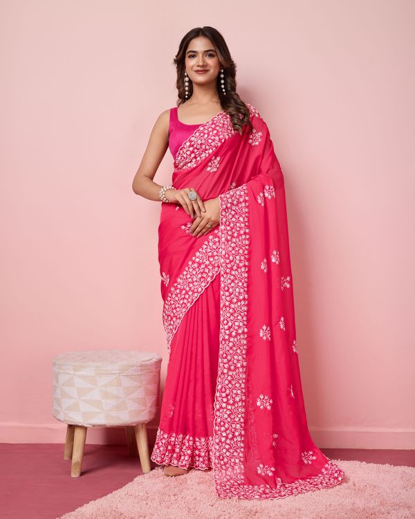 Pink Sequance Embroidery Work Tabby Silk Saree