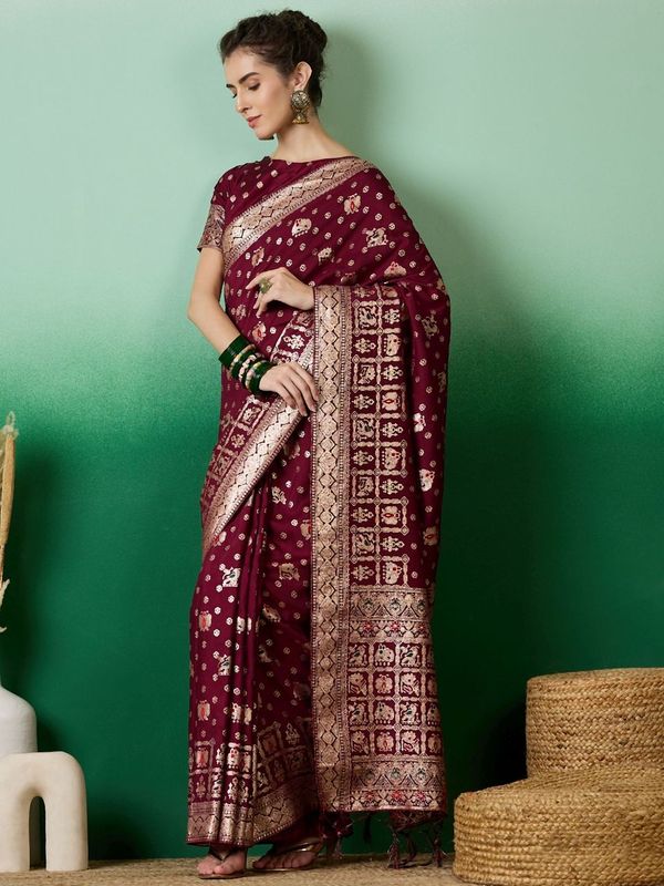 Wine Wevon Jacquard Designer Staple Dola Cotton Saree