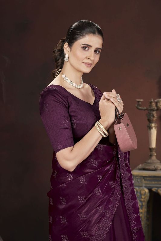 Magenta Sequance & Thread Embroidery Work Jimmy Choo Saree