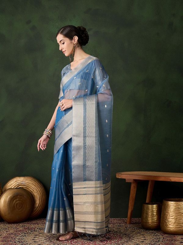 Teal Wevon Designer Khadi Organza Saree