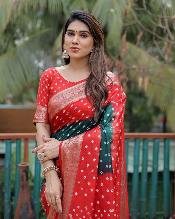 Red Dola Silk Wevon Designer Saree With Traditional Hand Bandhej Printed