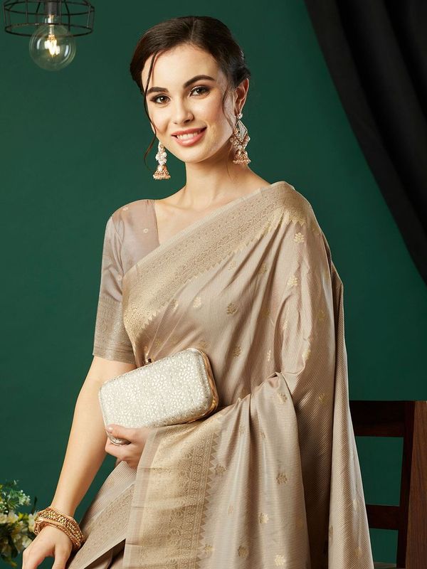 Grey Wevon Jacquard Designer Nylon Banarasi Saree