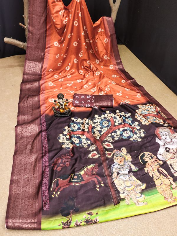 Orange Wevon Border & Kalamkari Digital Printed Dola Silk Saree