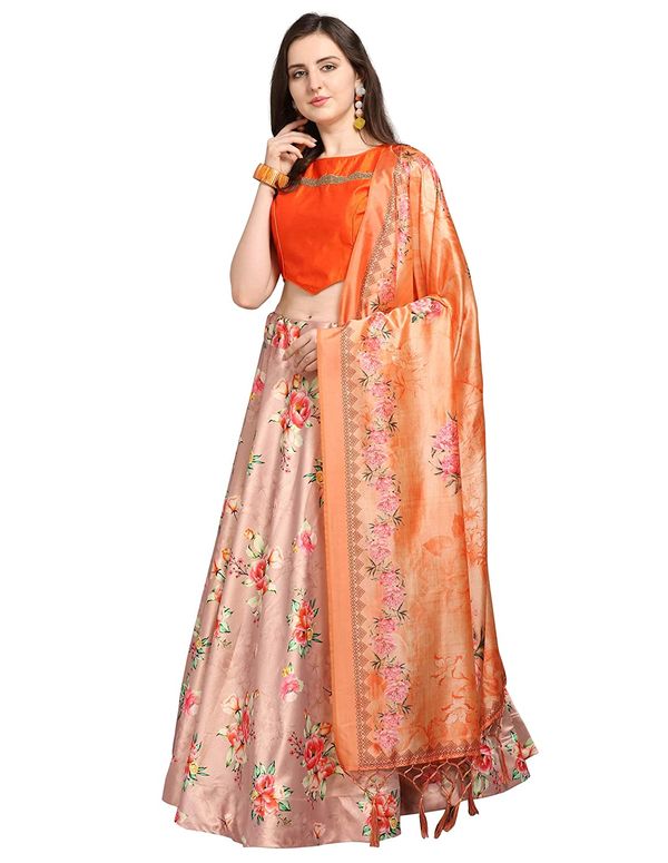Bandhni Patola Type Digital Print Shiney Satin Croptop Lehenga Choli With Blouse For Women and Girls