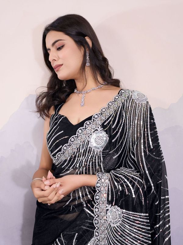 Black Designer Sequance Embroidery Work Twill Net Saree