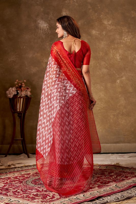 Red Cotton Printed Saree and Stitched Red Blouse