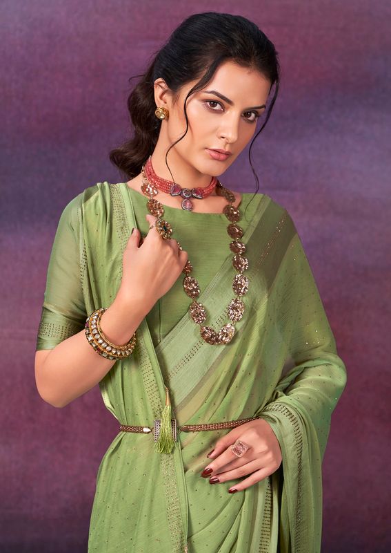 Khaki Green Wevon Patta Designer With Swarovski Work Chiffon Saree