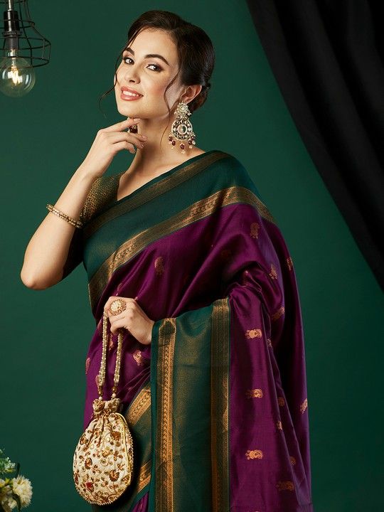 Wine Banarasi Silk Woven Saree With Tassels on Pallu and Stitched Green Blouse