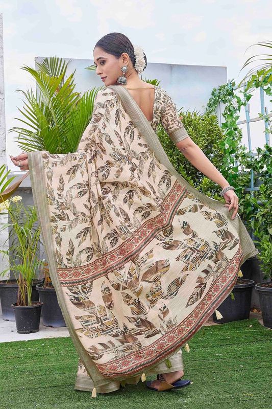 Cream Color Linen Blend Digital Printed Designer For Graceful Festive Looks