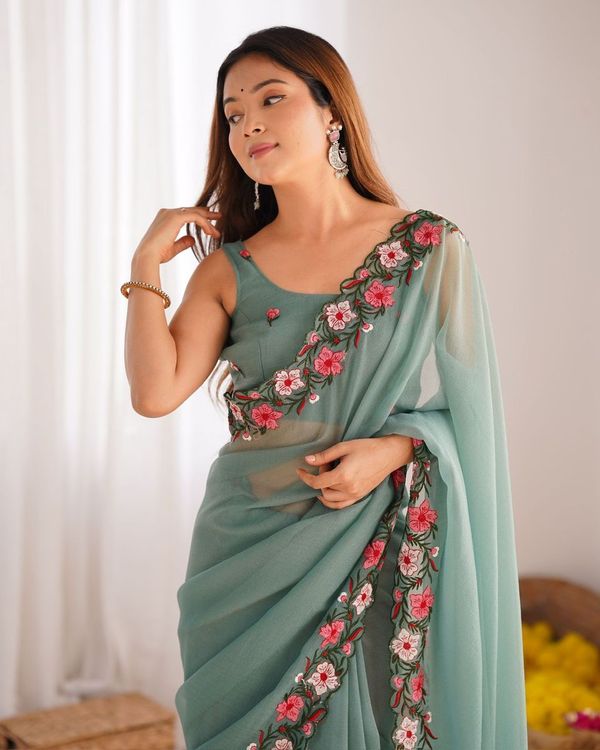 Green Color Gold Crush Fabric Multy Thread Embroidery Work Saree For Party Looks