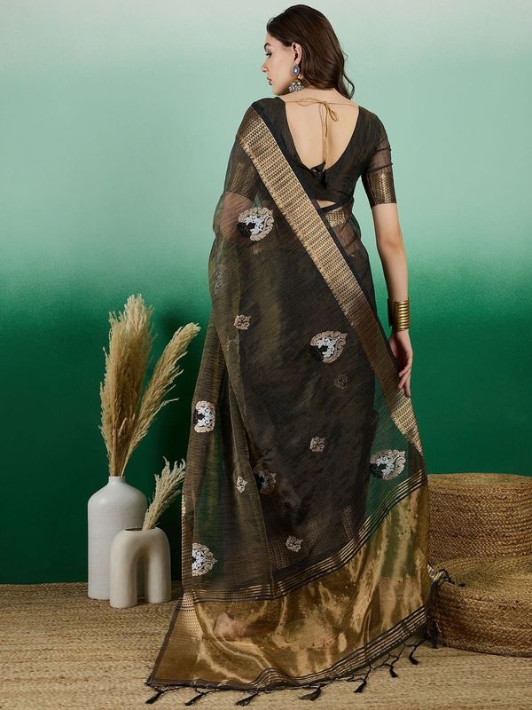 Blue Wevon Designer & Embroidery Work Khadi Organza Saree