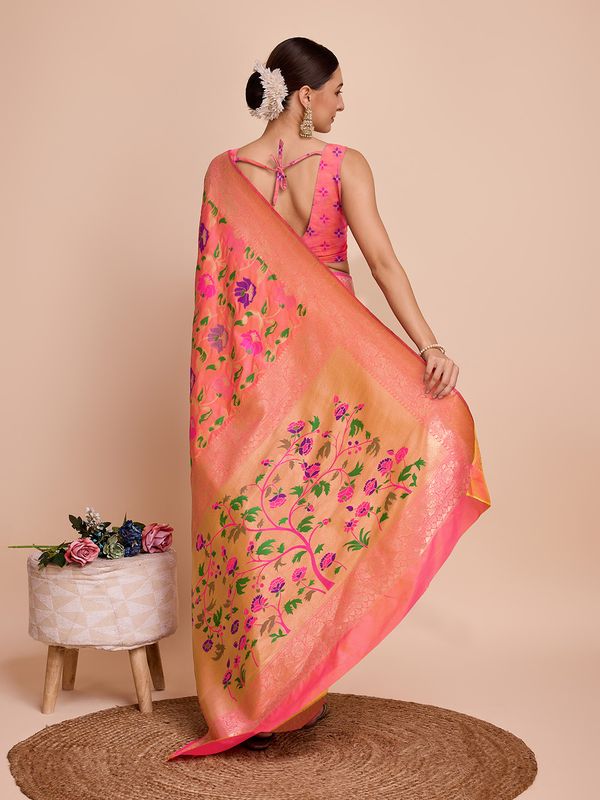 Peach Weaving Meenakari Designer Paithani Silk Saree