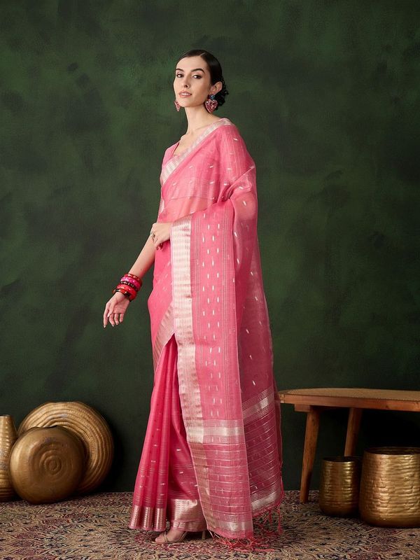 Pink Wevon Jacquard Designer Khadi Organza Saree