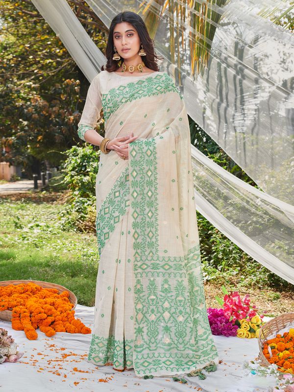Green Wevon Designer & Printed Cotton Saree