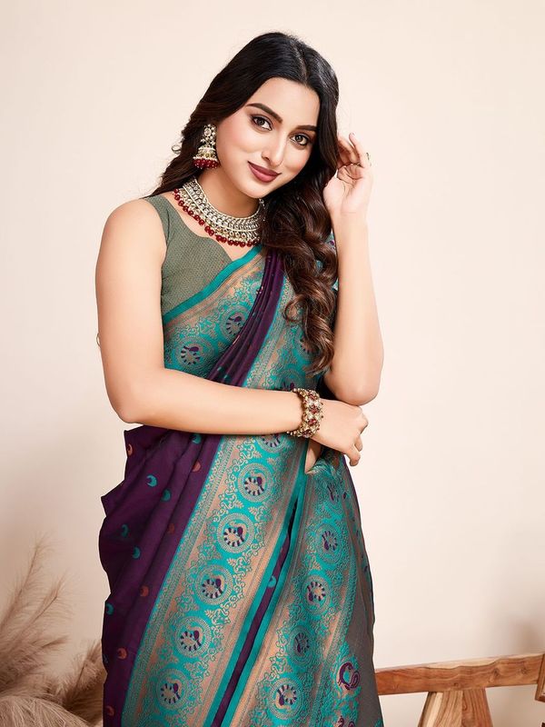 Purple Heavy Wevon Designer Jacquard Silk Saree