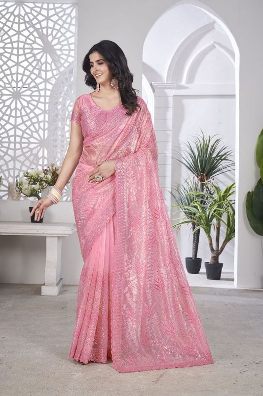 Pink Multy Thread & Sequance Embroidery Cut Work Tissue Net Saree