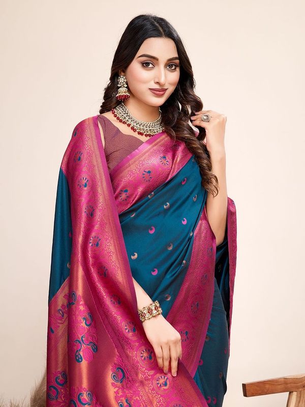 Blue Heavy Wevon Designer Jacquard Silk Saree