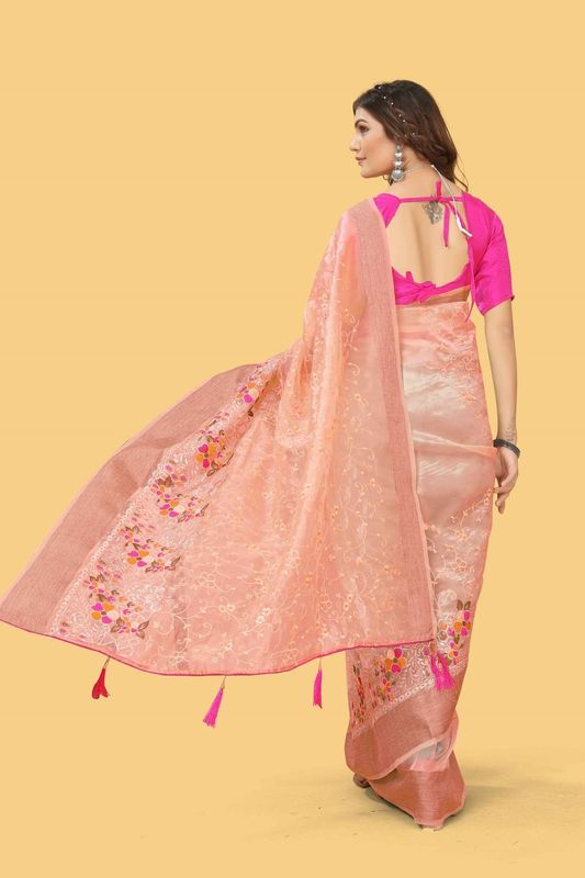 Orange Wevon Jari Patta & Embroidery & Stone Work Organza Silk Saree