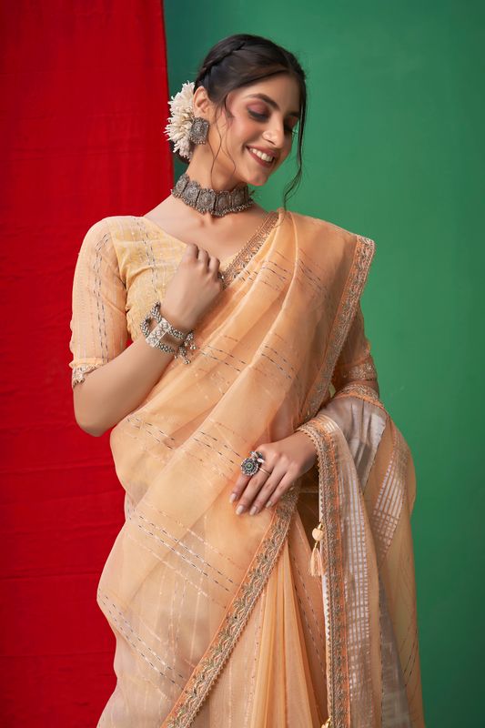 Orange Wevon Lining Designer & Coding & Sequance & Gota Patti Embroidery Work Organza Saree