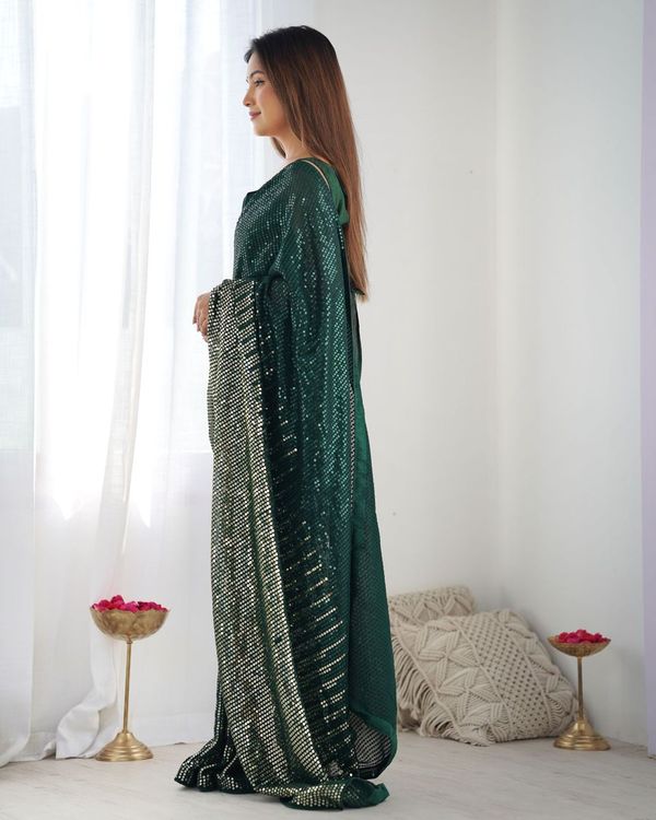 Green Designer Sequance Embroidery Work Georgette Saree