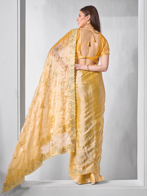 Yellow Color Burburry Fabric Bollywood Style Designer Embroidery Work Evening Party Saree