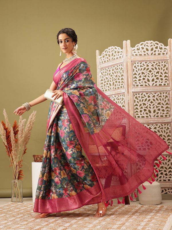 Teal Digital Printed Banarasi Cotton Zari Woven Saree