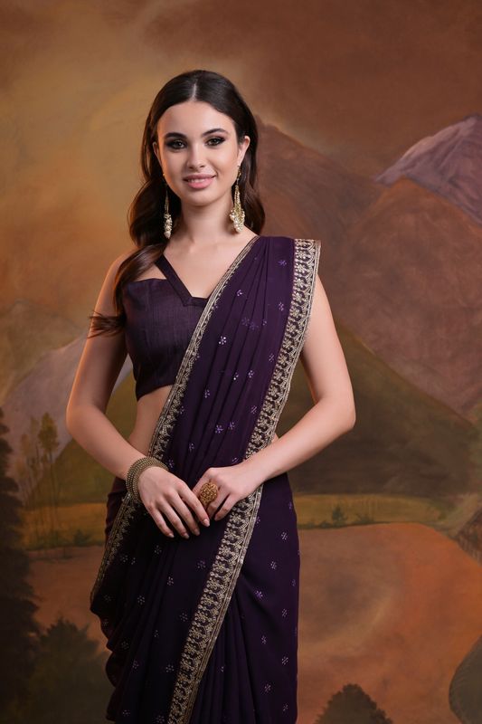 Wine Sequance Butti Embroidery Work Georgette Saree