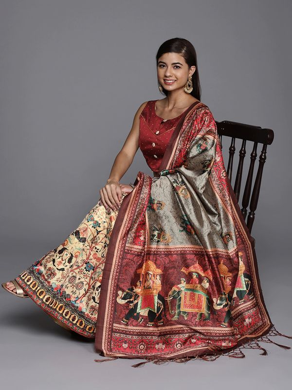Bandhni Patola Type Digital Print Shiney Satin Croptop Lehenga Choli With Blouse For Women and Girls