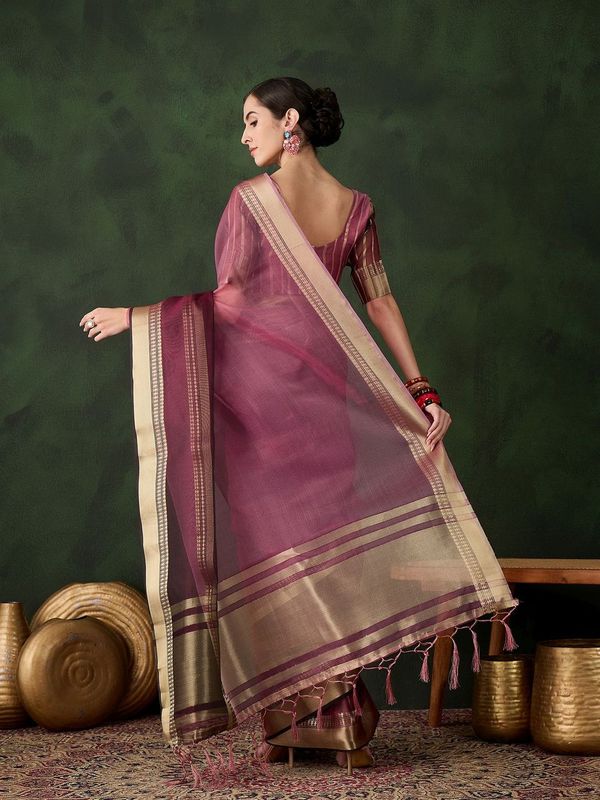 Wine Wevon Jacquard Designer Khadi Organza Saree